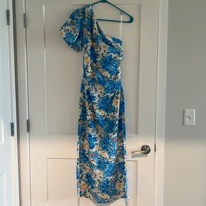 Hello Molly Medium Blue Floral Midi with Puff Sleeve